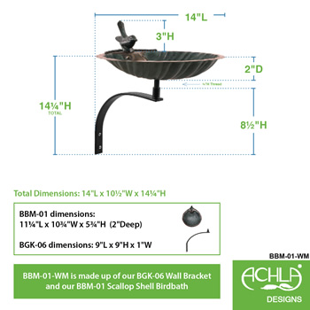 Achla BBM-01-WM Scallop Shell Birdbath With Wall Mount Bracket