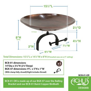 Achla BCB-01-OR Burnt Copper Birdbath With Over Rail Bracket