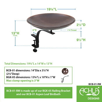 Achla BCB-01-RM Burnt Copper Birdbath With Rail Mount Bracket