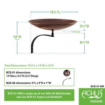 Achla BCB-01-WM Burnt Copper Birdbath With Wall Mount Bracket