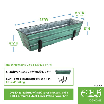 Achla C08-K4 Small Green Flower Box With Brackets for 2 x 4 Railings