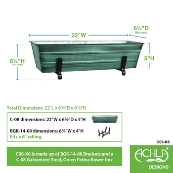 Achla C08-K6 Small Green Flower Box With Brackets for 2 x 6 Railings