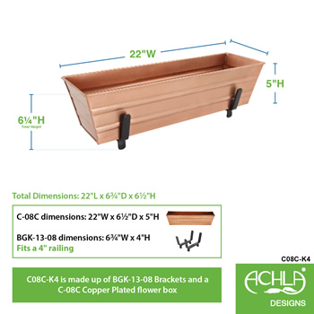 Achla C08C-K4 Small Copper Flower Box With Brackets for 2 x 4 Railings