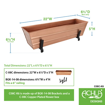 Achla C08C-K6 Small Copper Flower Box With Brackets for 2 x 6 Railings