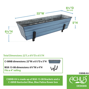 Achla C08NB-K4 Small Blue Flower Box With Brackets for 2 x 4 Railings
