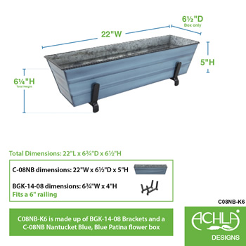 Achla C08NB-K6 Small Blue Flower Box With Brackets for 2 x 6 Railings