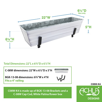 Achla C08W-K4 Small White Flower Box With Brackets for 2 x 4 Railings