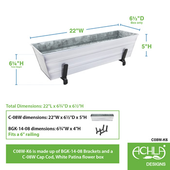 Achla C08W-K6 Small White Flower Box With Brackets for 2 x 6 Railings