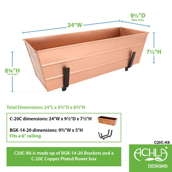 Achla C20C-K6 Medium Copper Flower Box With Brackets for 2 x 6 Railings