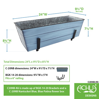 Achla C20NB-K6 Medium Blue Flower Box With Brackets for 2 x 6 Railings