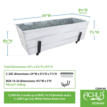 Achla C20W-K6 Medium White Flower Box With Brackets for 2 x 6 Railings
