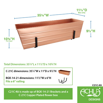 Achla C21C-K6 Large Copper Flower Box With Brackets for 2 x 6 Railings