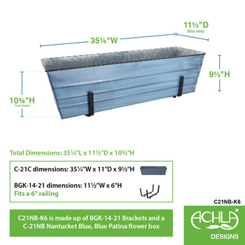 Achla C21NB-K6 Large Blue Flower Box With Brackets for 2 x 6 Railings