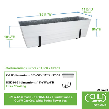 Achla C21W-K6 Large White Flower Box With Brackets for 2 x 6 Railings