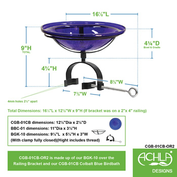 Achla CGB-01CB-OR2 12 Inch Cobalt Crackle Glass Birdbath With Over Rail Bracket