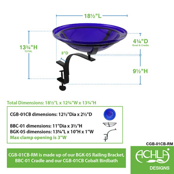 Achla CGB-01CB-RM 12 Inch Cobalt Blue Crackle Birdbath With Rail Mount Bracket