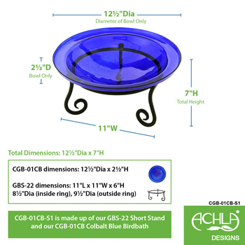 Achla CGB-01CB-S1 12 Inch Cobalt Blue Crackle Birdbath With Short Stand