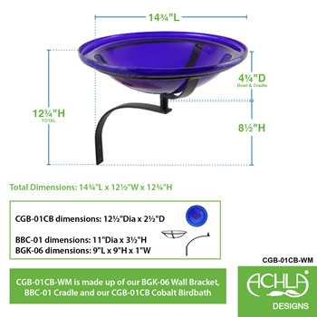 Achla CGB-01CB-WM 12 Inch Cobalt Blue Crackle Birdbath With Wall Mount Bracket