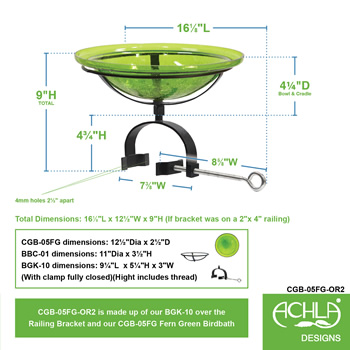 Achla CGB-05FG-OR2 12 Inch Fern Green Crackle Glass Birdbath With Over Rail Bracket