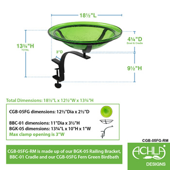 Achla CGB-05FG-RM 12 Inch Fern Green Crackle Birdbath With Rail Mount Bracket