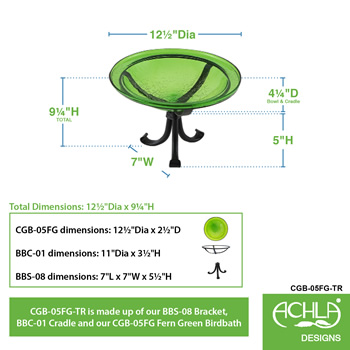 Achla CGB-05FG-TR 12 Inch Fern Green Crackle Birdbath With Tripod Stand Bracket