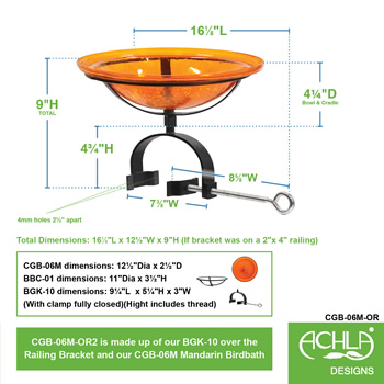 Achla CGB-06M-OR2 12 Inch Orange Crackle Glass Birdbath With Over Rail Bracket