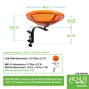 Achla CGB-06M-RM 12 Inch Mandarin Crackle Birdbath With Rail Mount Bracket