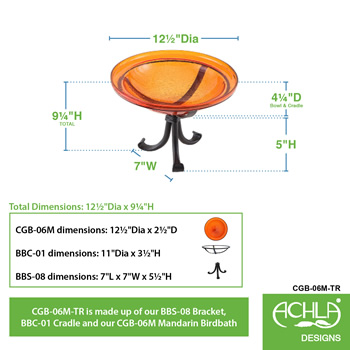 Achla CGB-06M-TR 12 Inch Mandarin Crackle Birdbath With Tripod Stand Bracket