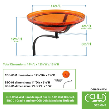 Achla CGB-06M-WM 12 Inch Mandarin Crackle Birdbath With Wall Mount Bracket