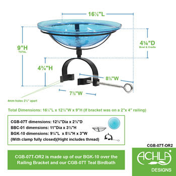 Achla CGB-07T-OR2 12 Inch Teal Crackle Glass Birdbath With Over Rail Bracket