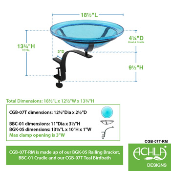 Achla CGB-07T-RM 12 Inch Teal Crackle Birdbath With Rail Mount Bracket