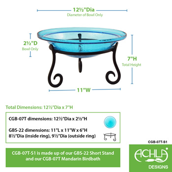 Achla CGB-07T-S1 12 Inch Teal Crackle Birdbath With Short Stand