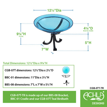 Achla CGB-07T-TR 12 Inch Teal Crackle Birdbath With Tripod Stand Bracket