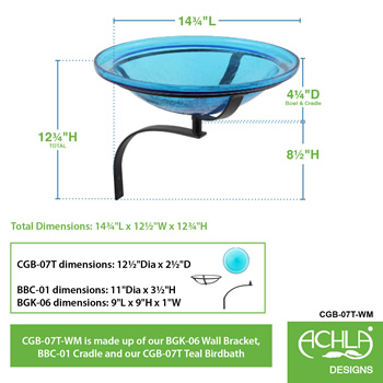 Achla CGB-07T-WM 12 Inch Teal Crackle Birdbath With Wall Mount Bracket