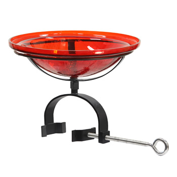 Achla CGB-09R-OR2 12 Inch Red Crackle Glass Birdbath With Over Rail Bracket