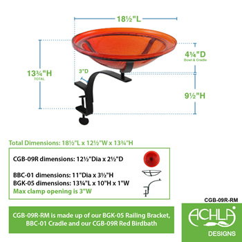 Achla CGB-09R-RM 12 Inch Red Crackle Birdbath With Rail Mount Bracket