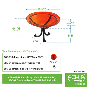 Achla CGB-09R-TR 12 Inch Red Crackle Birdbath With Tripod Stand Bracket