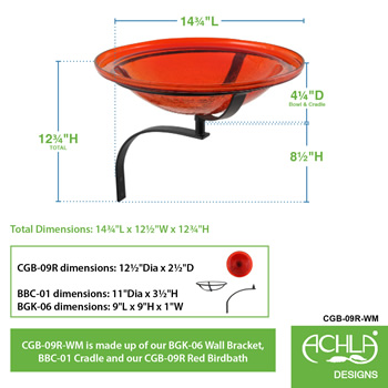 Achla CGB-09R-WM 12 Inch Red Crackle Birdbath With Wall Mount Bracket