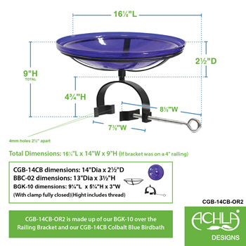 Achla CGB-14CB-OR2 14 Inch Cobalt Crackle Glass Birdbath With Over Rail Bracket