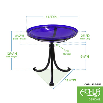 Achla CGB-14CB-TR2 14 Inch Cobalt Crackle Glass Birdbath With Tripod Stand