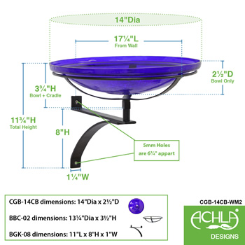 Achla CGB-14CB-WM2 14 Inch Cobalt Crackle Glass Birdbath With Wall Bracket