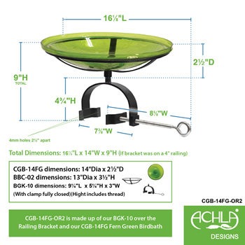 Achla CGB-14FG-OR2 14 Inch Fern Green Crackle Glass Birdbath With Over Rail Bracket