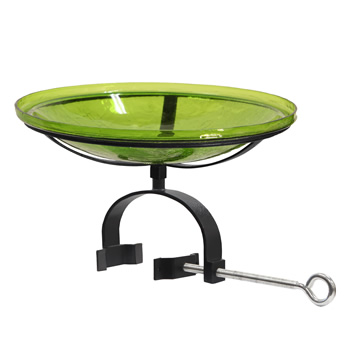 Achla CGB-14FG-OR2 14 Inch Fern Green Crackle Glass Birdbath With Over Rail Bracket