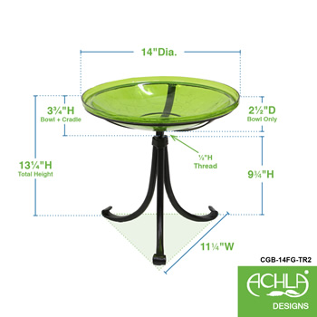 Achla CGB-14FG-TR2 14 Inch Fern Green Crackle Glass Birdbath With Tripod Stand