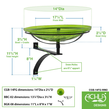 Achla CGB-14FG-WM2 14 Inch Fern Green Crackle Glass Birdbath With Wall Bracket