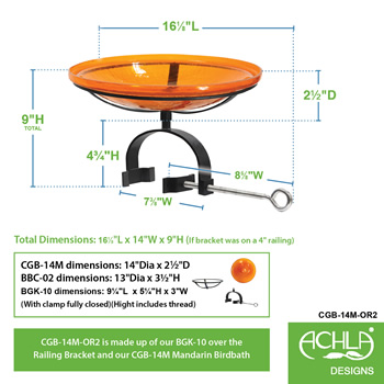 Achla CGB-14M-OR2 14 Inch Orange Crackle Glass Birdbath With Over Rail Bracket