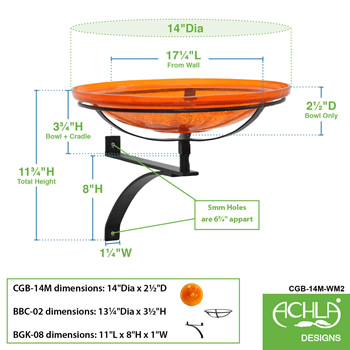 Achla CGB-14M-WM2 14 Inch Mandarin Crackle Glass Birdbath With Wall Bracket