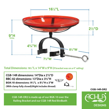 Achla CGB-14R-OR2 14 Inch Red Crackle Glass Birdbath With Over Rail Bracket