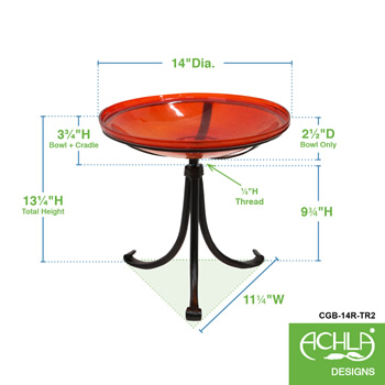 Achla CGB-14R-TR2 14 Inch Red Crackle Glass Birdbath With Tripod Stand