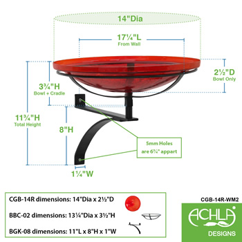 Achla CGB-14R-WM2 14 Inch Red Crackle Glass Birdbath With Wall Bracket